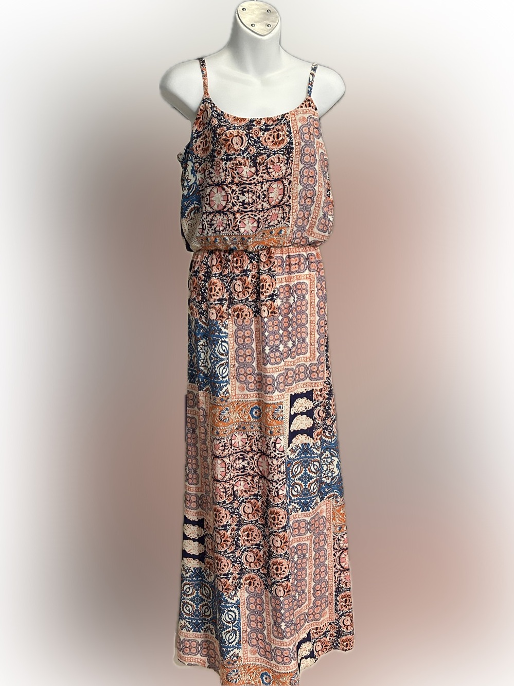 by & by Navy, Coral & Cream Boho Patchwork Maxi Dress